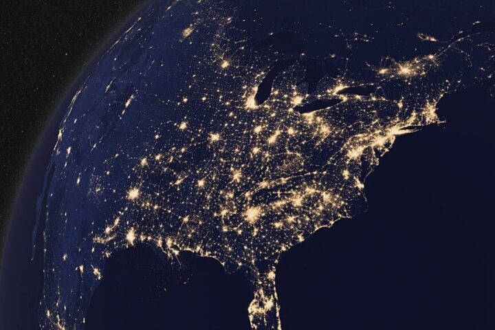 A satellite image of the United States during nighttime.