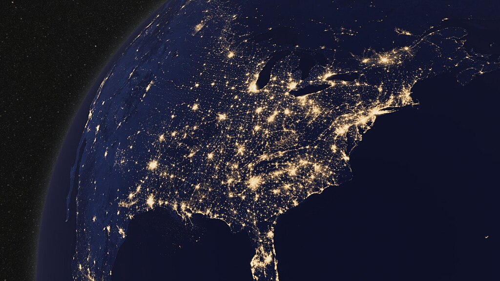 A satellite image of the United States during nighttime.