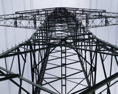 An electric tower from the ground.