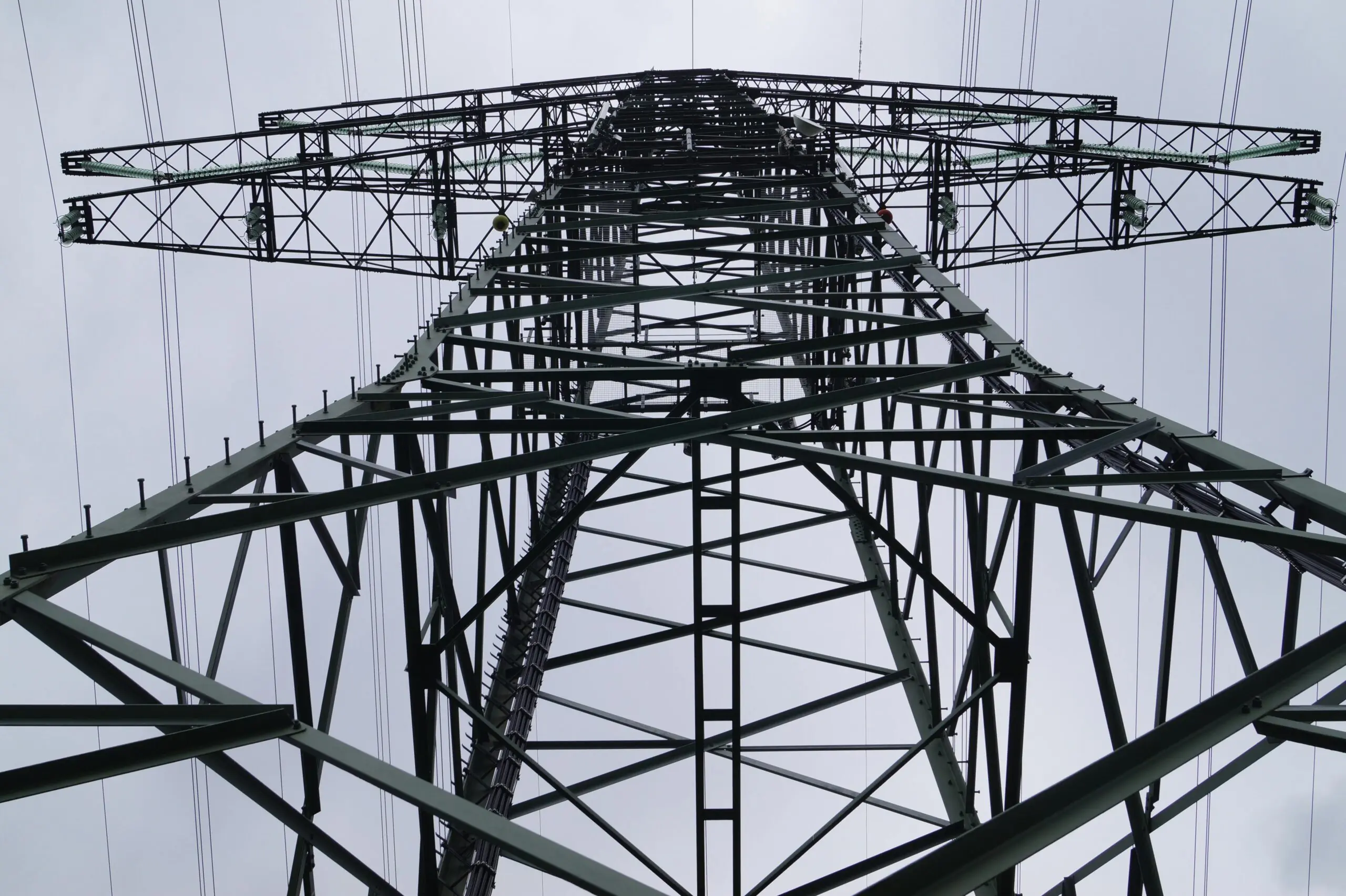 An electric tower from the ground.