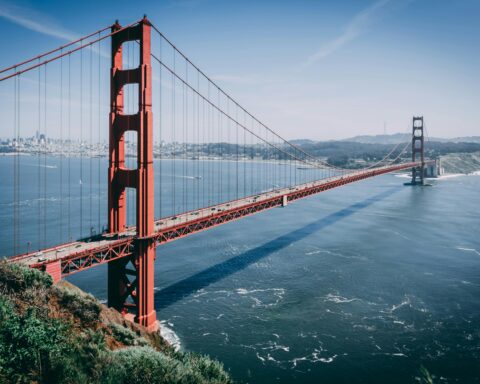 A distant view of the Golden Gate Bridge in San Francisco, California.