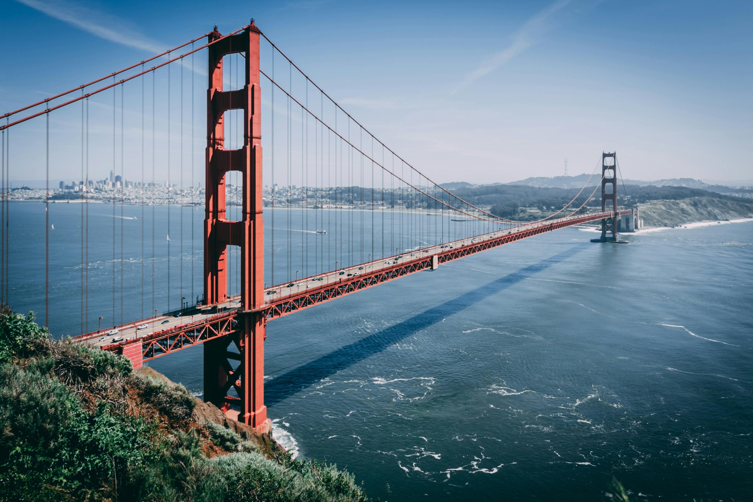 A distant view of the Golden Gate Bridge in San Francisco, California.
