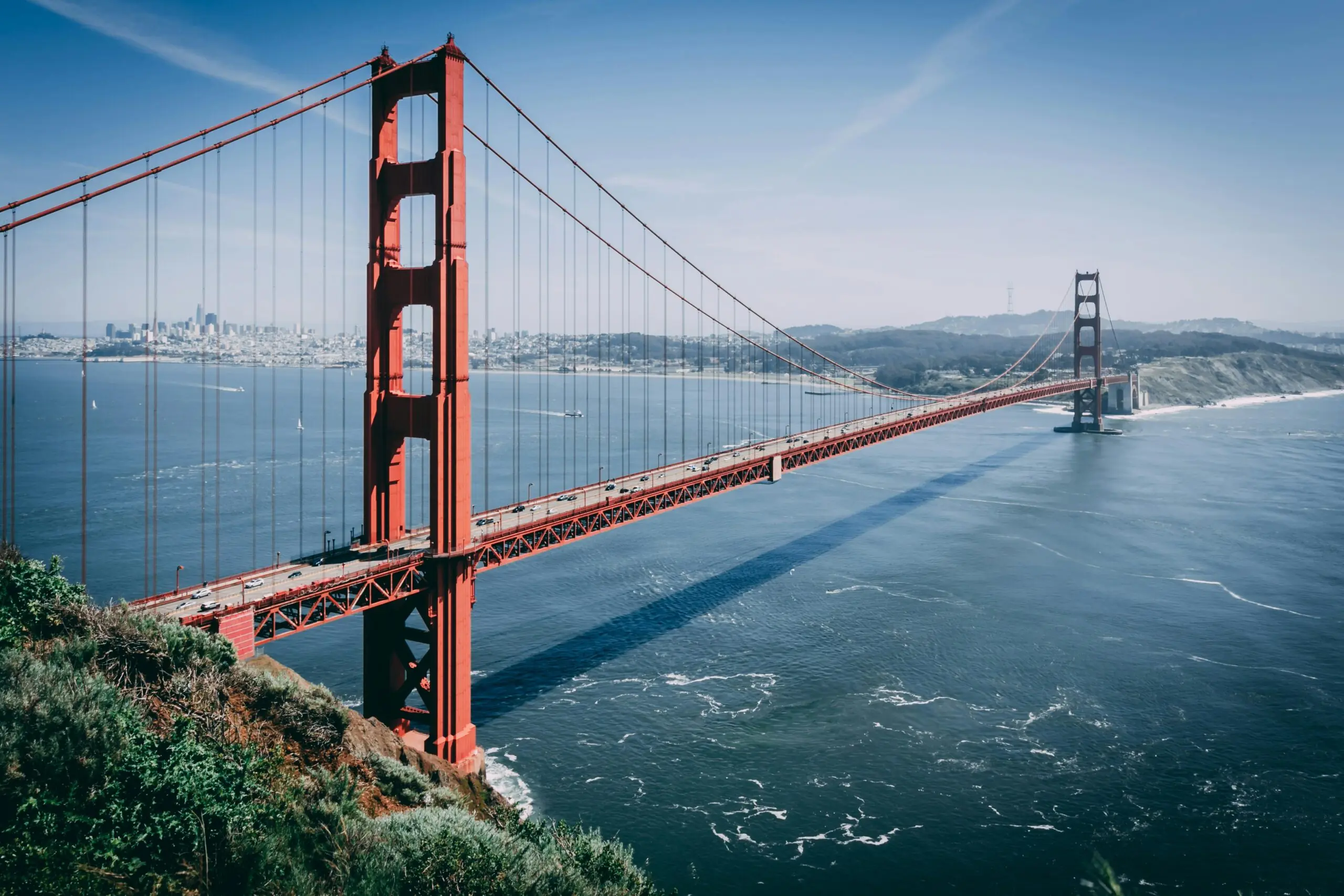 A distant view of the Golden Gate Bridge in San Francisco, California.