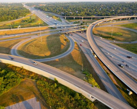 A highway corridor in Kansas from the sky.