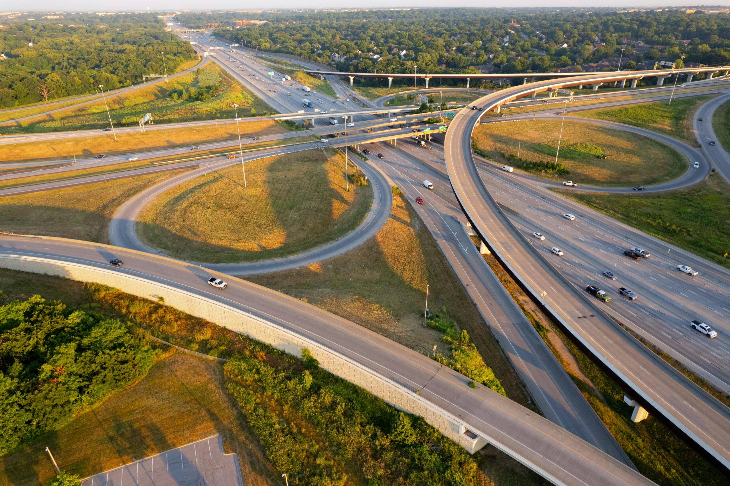 A highway corridor in Kansas from the sky.
