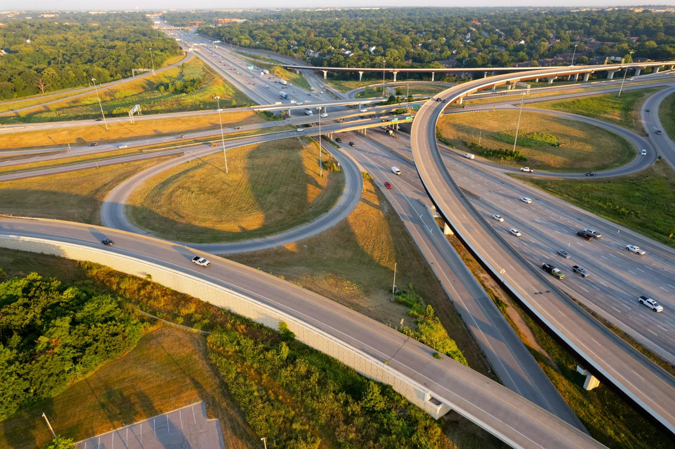 A highway corridor in Kansas from the sky.