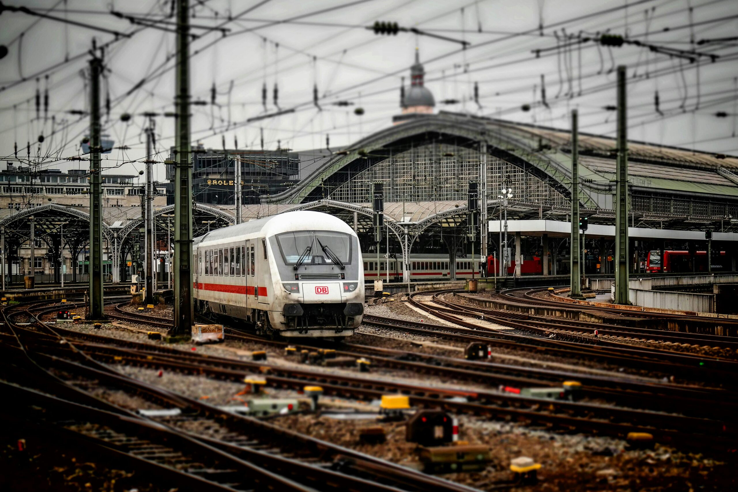 A train moves through a trainyard in Germany.