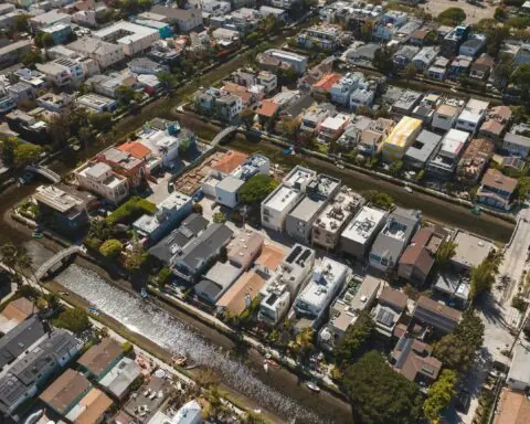 An aerial view of Los Angeles housing and homes in California communities.