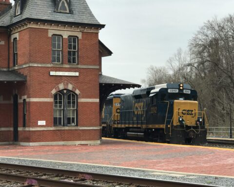 A train rolls through a station in Maryland.