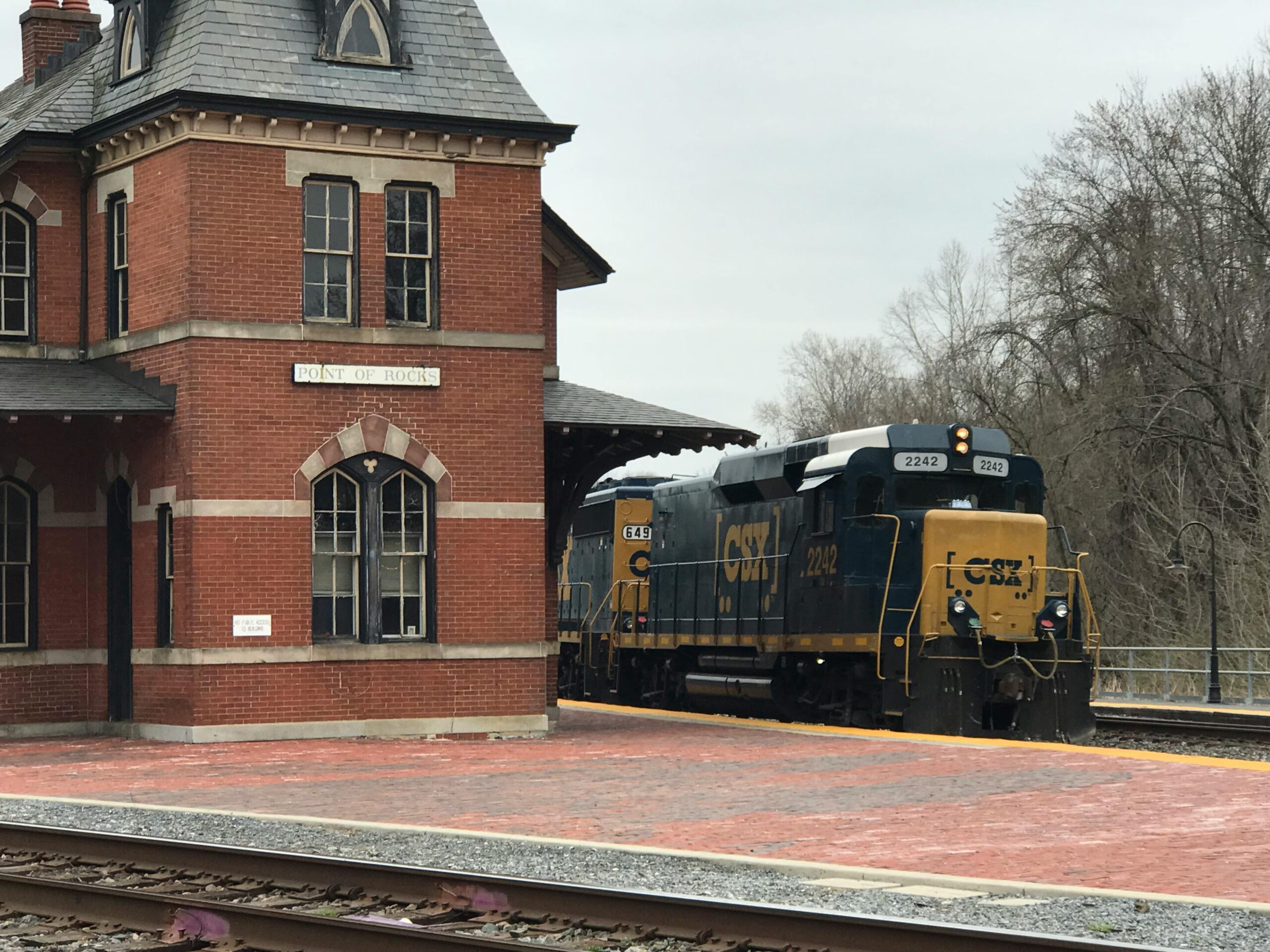A train rolls through a station in Maryland.