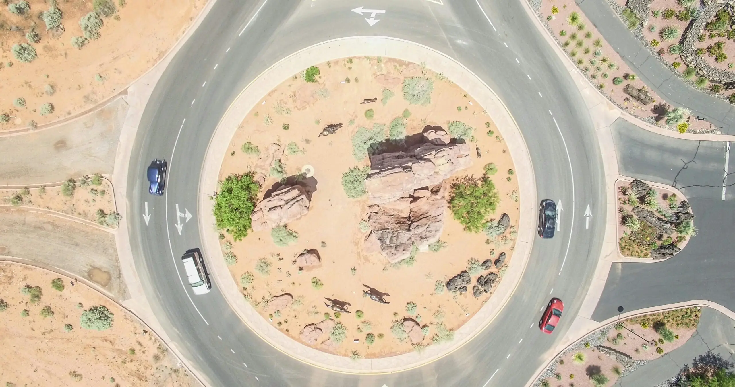 A roundabout in Utah from an aerial perspective.