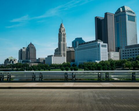 Skyscrapers in Columbus, Ohio, photographed from a bridge.