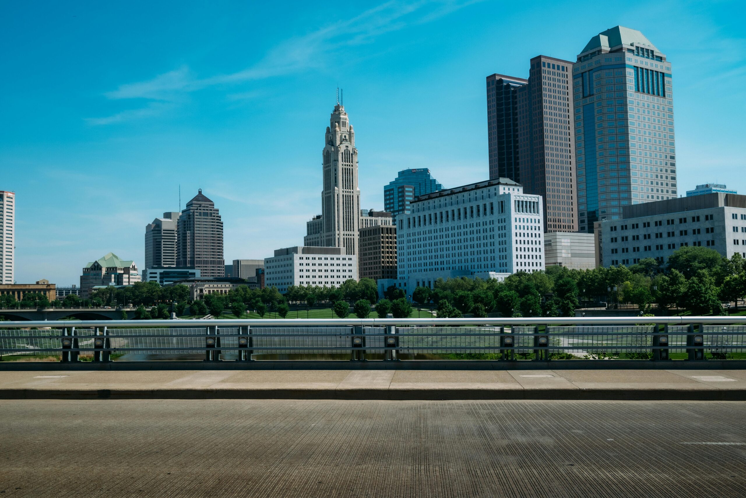 Skyscrapers in Columbus, Ohio, photographed from a bridge.