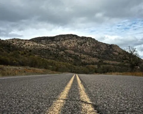 A low shot of an Oklahoma county road.