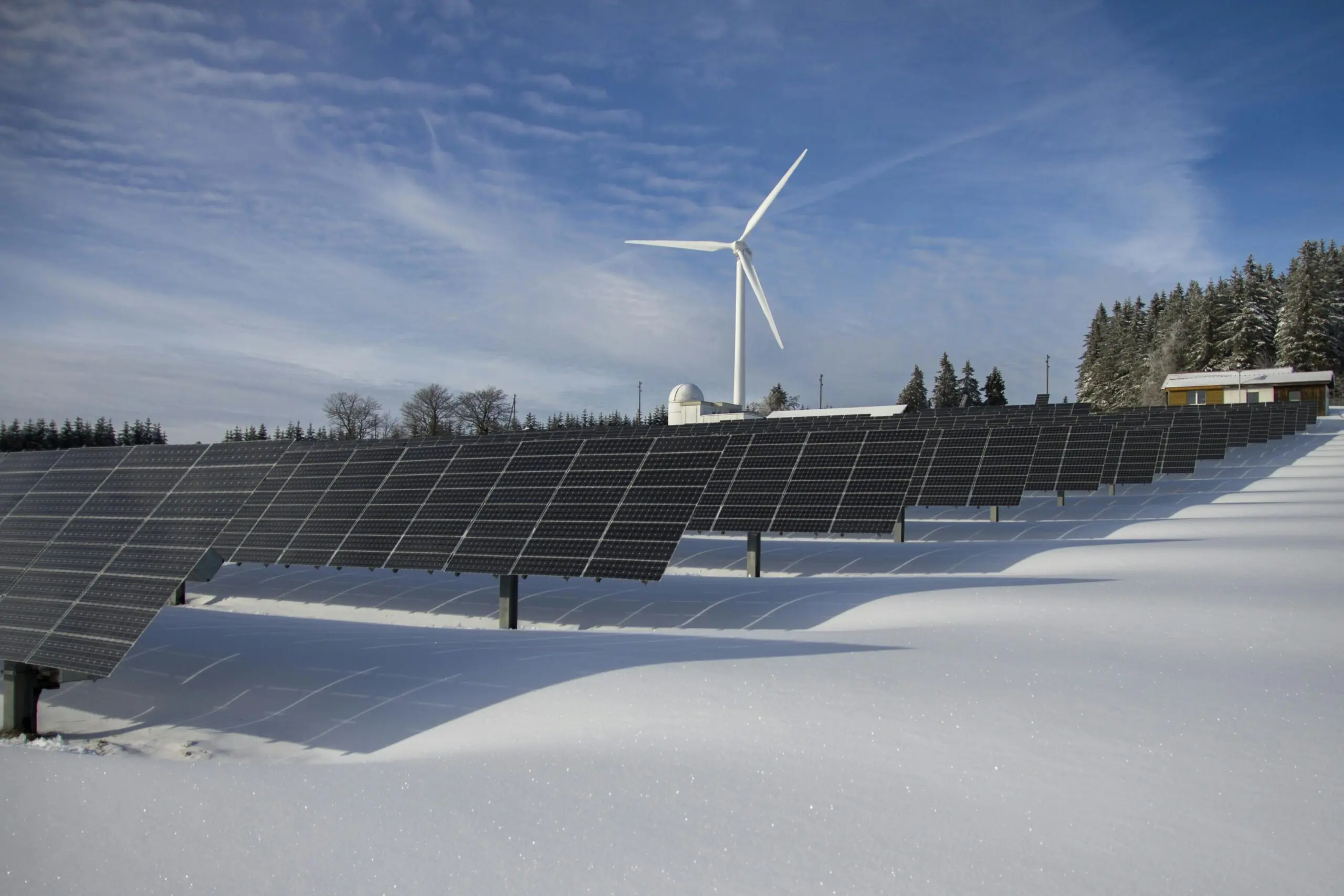 Solar panels and a distant wind turbine in the snow near trees.