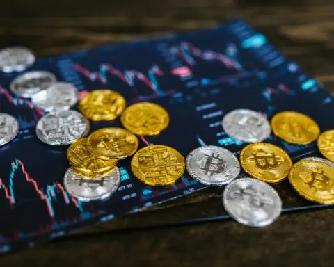 Silver and gold coins with a Bitcoin logo on top of a tablet with pricing ladders.
