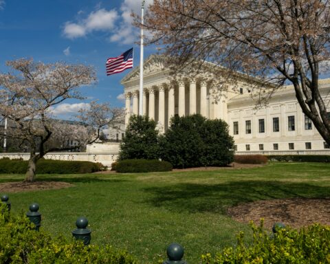 A federal government building from afar through several trees and bushes.