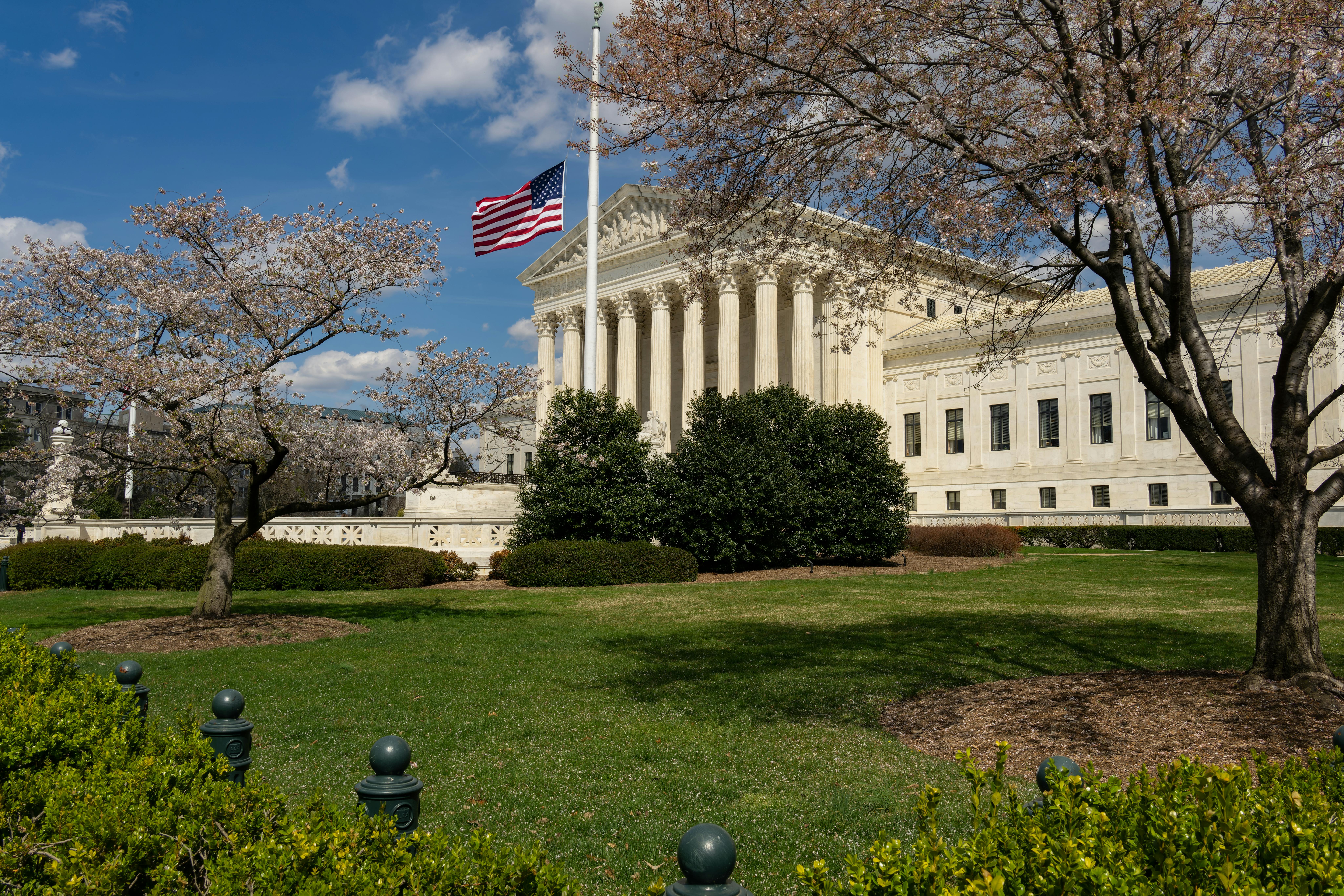 A federal government building from afar through several trees and bushes.