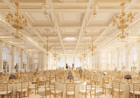 A rendering of President Donald Trump's proposed ballroom, officially announced during a press conference in the Oval Office on July 31, 2025.