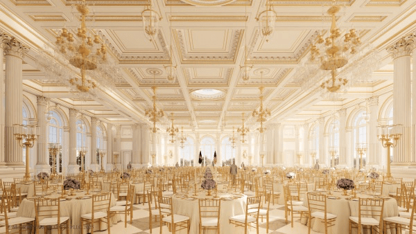 A rendering of President Donald Trump's proposed ballroom, officially announced during a press conference in the Oval Office on July 31, 2025.