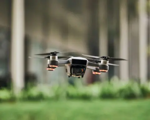 A drone hovers above a grassy field.