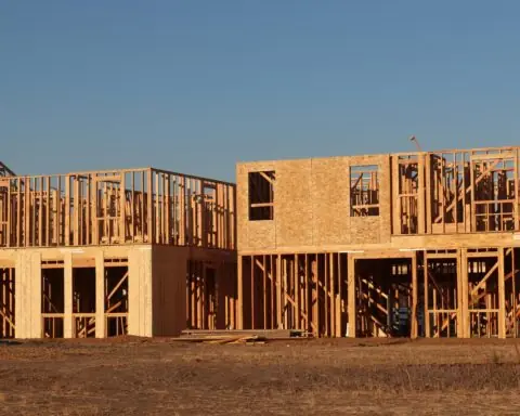 Two houses that are currently under construction on a lot underneath a blue sky.