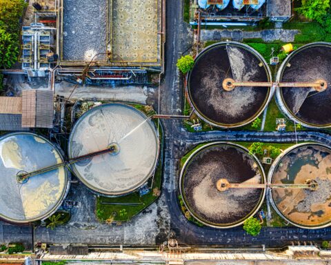 An aerial view of a wastewater treatment facility.