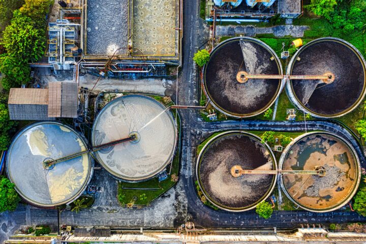 An aerial view of a wastewater treatment facility.