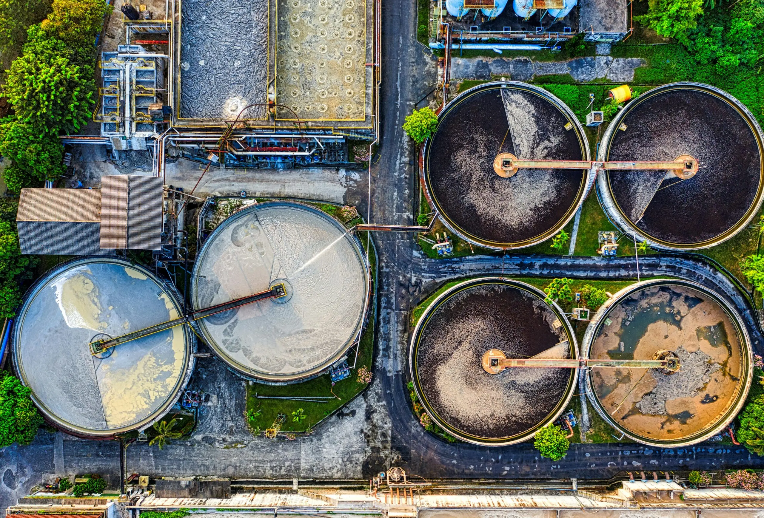 An aerial view of a wastewater treatment facility.