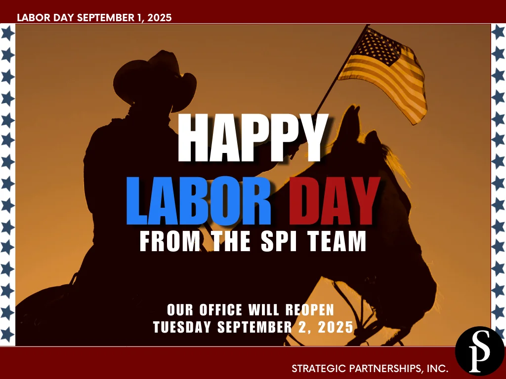 A graphic indicated the Strategic Partnerships, Inc. team will be out of office on Labor Day Sept. 1, 2025.