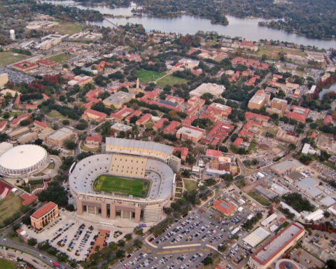 An aerial view of the Louisiana State University campus in Baton Rogue, Louisiana.