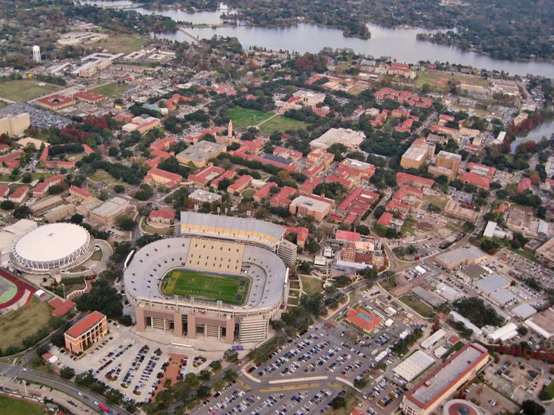 An aerial view of the Louisiana State University campus in Baton Rogue, Louisiana.