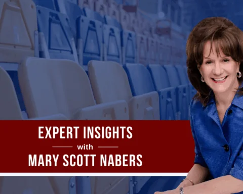 Mary Scott Nabers before convention center seats for her weekly column.