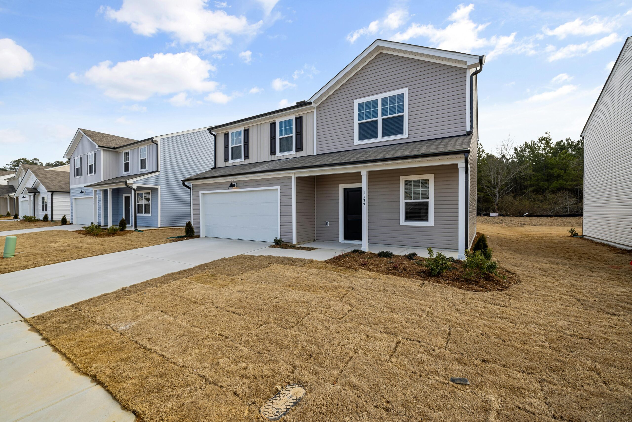 Suburban homes with newly installed grass before a wooded area.