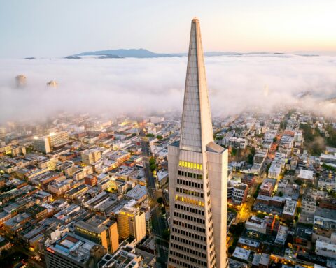 An aerial view of the San Francisco skyline in California.