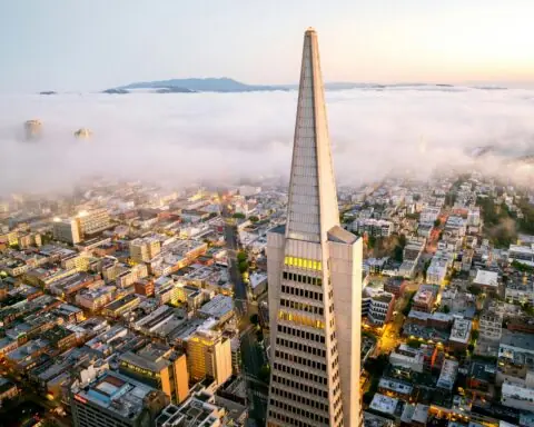 An aerial view of the San Francisco skyline in California.