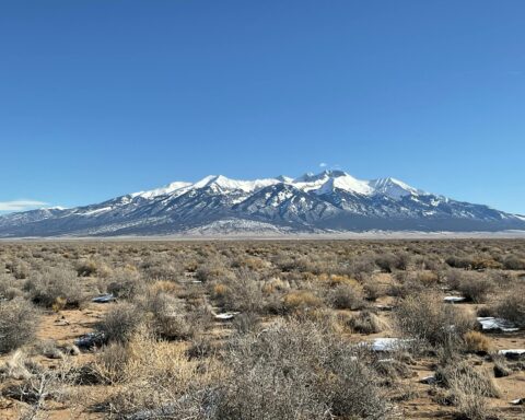 Desert sand dunes, dirt and grass in a field in Colorado's Alamosa County.