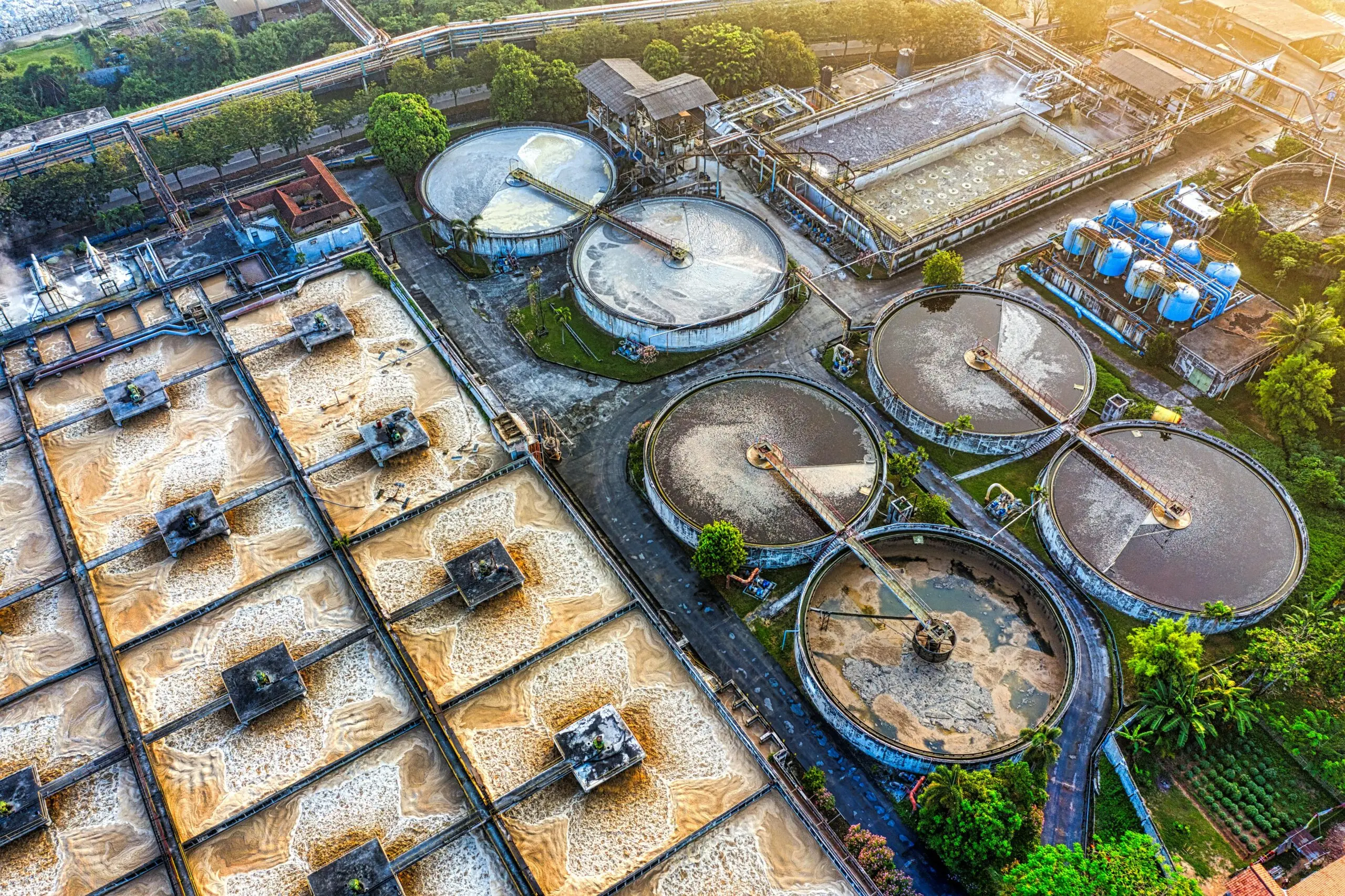 An aerial view of a water treatment facility.