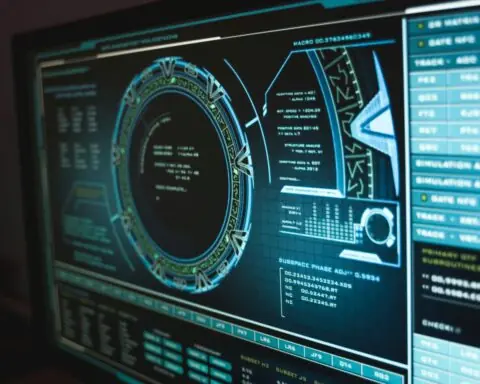 A computer screen shows blue text and digital images to depict hacking or cybersecurity software.