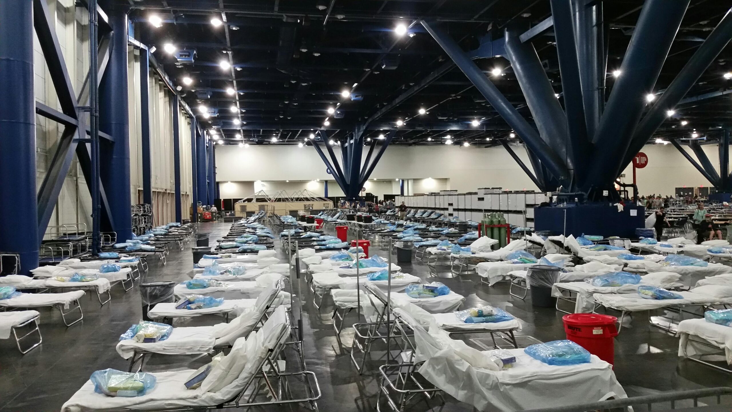 Dozens of hospital beds in a federal hospital facility.