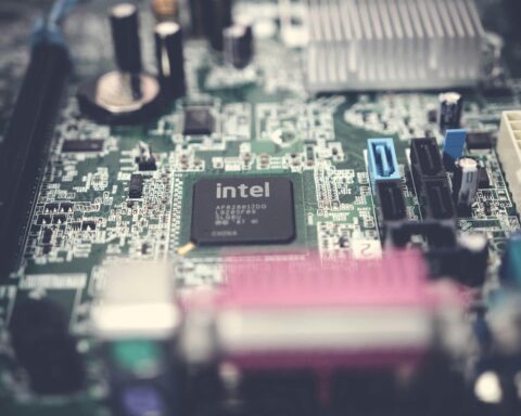 An Intel electronic chip from the top.
