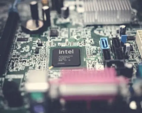 An Intel electronic chip from the top.