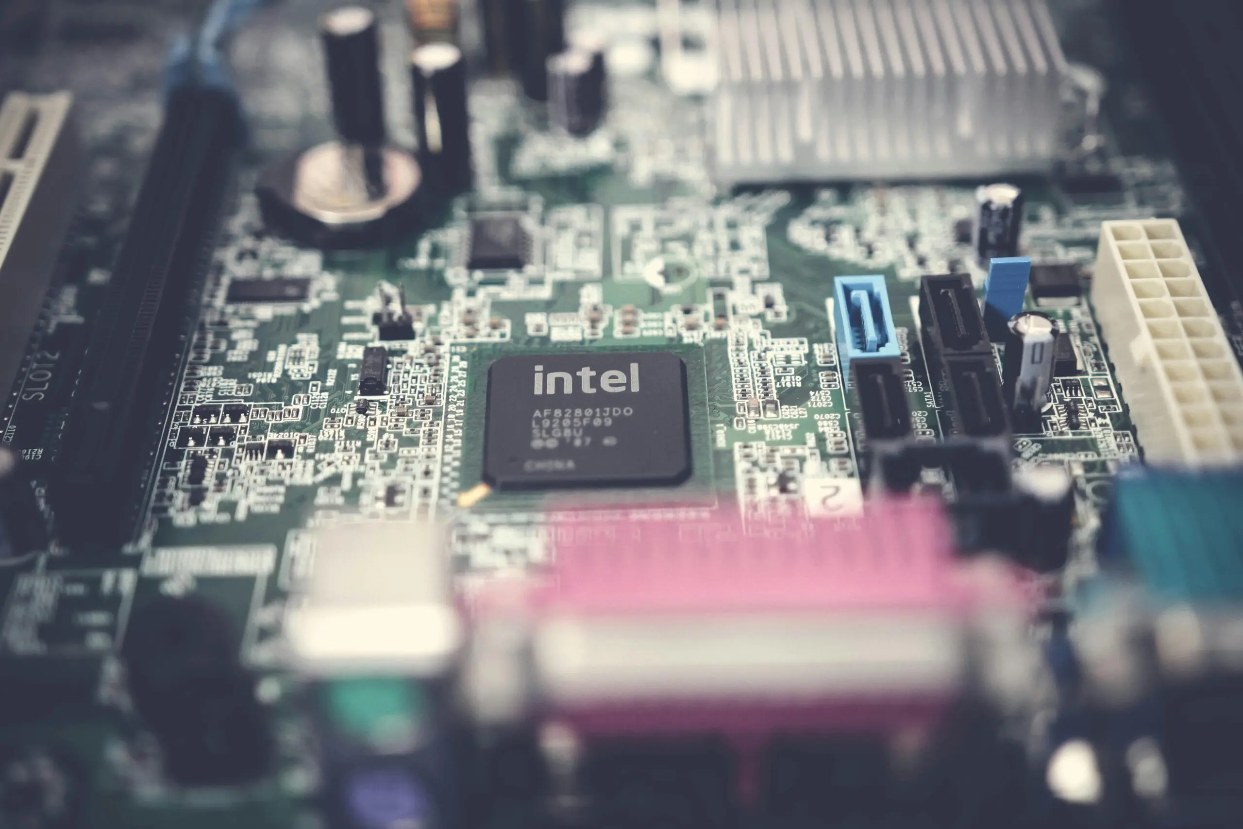 An Intel electronic chip from the top.