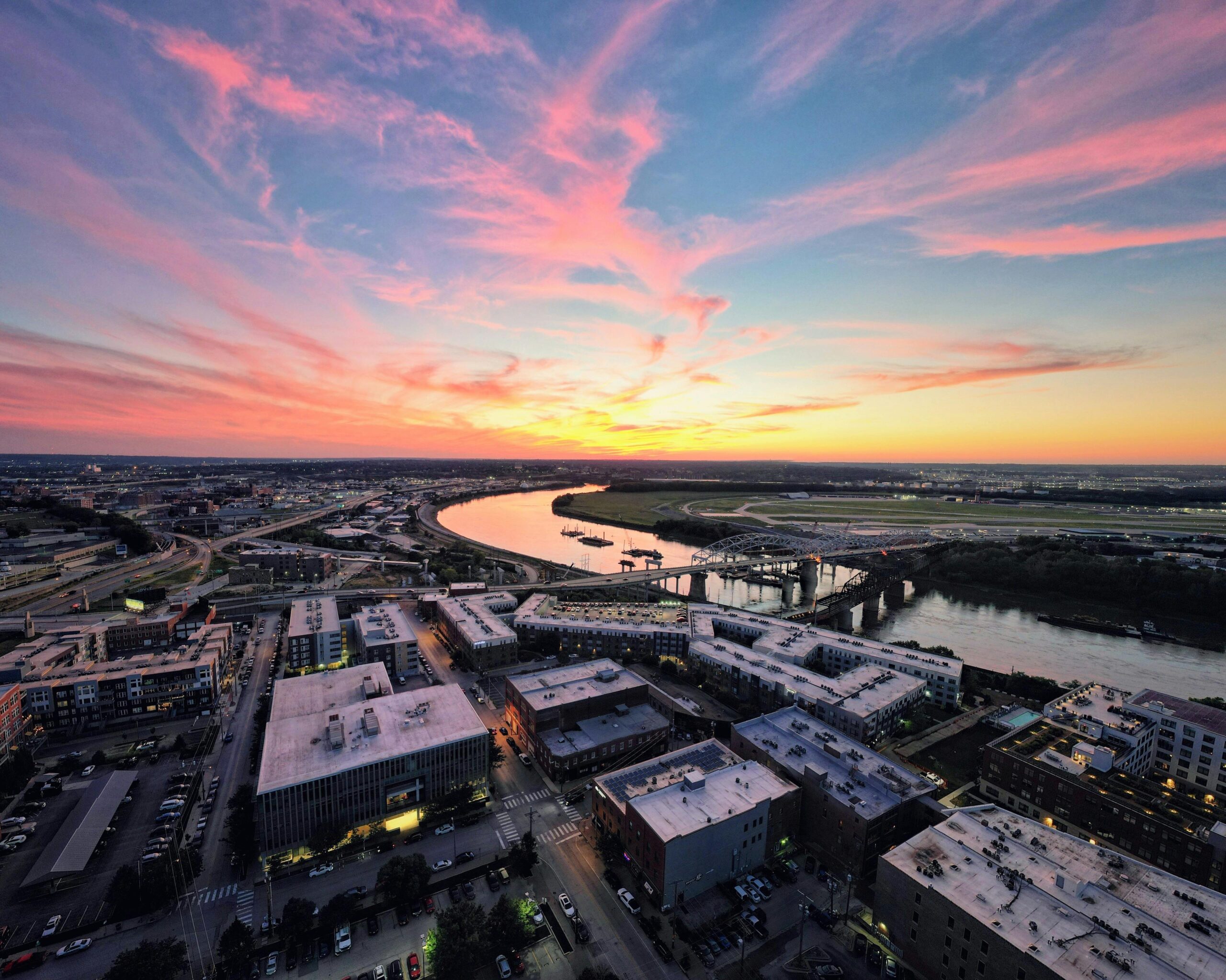 A sunset over the riverfront in Kansas City, Missouri.