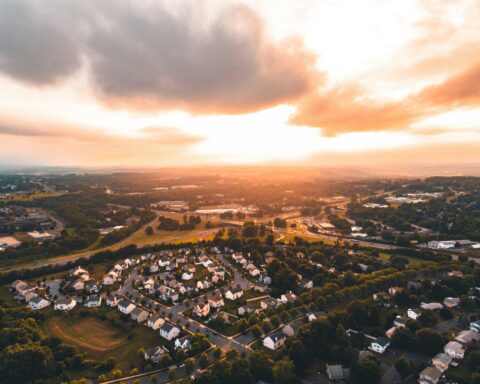 An aerial view of a sunsetting over Allentown, Pennsylvania.