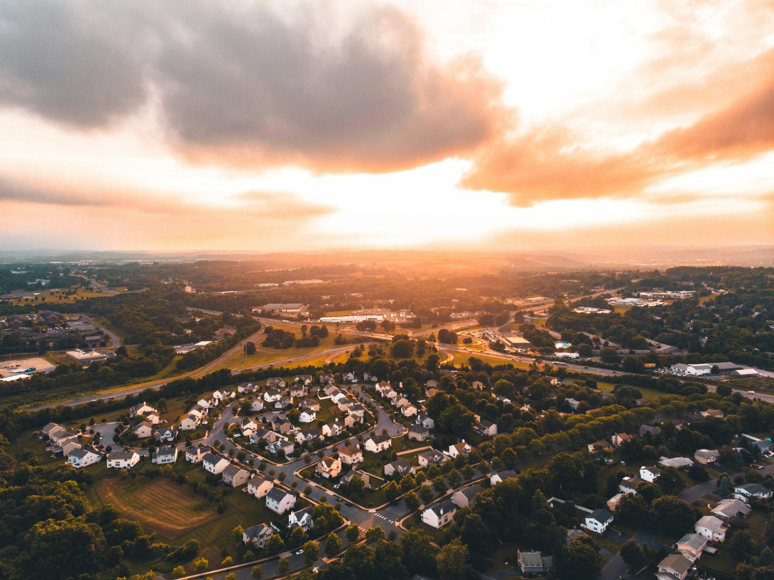 An aerial view of a sunsetting over Allentown, Pennsylvania.