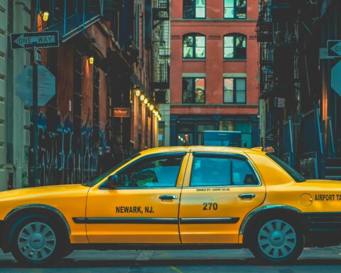A taxi parked along a street in Newark, New Jersey.