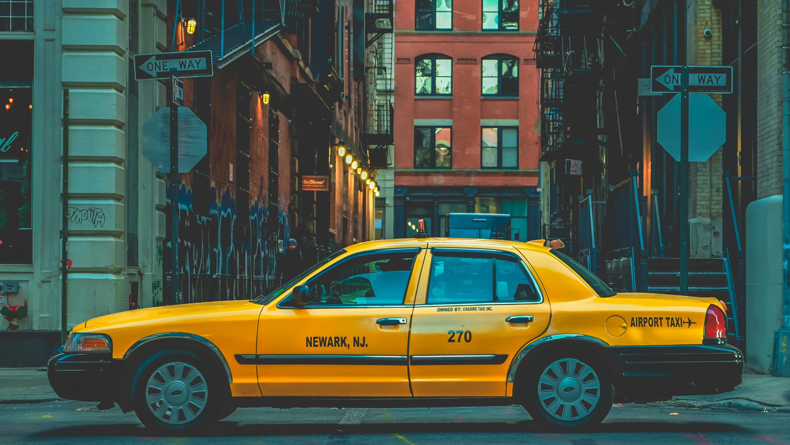 A taxi parked along a street in Newark, New Jersey.