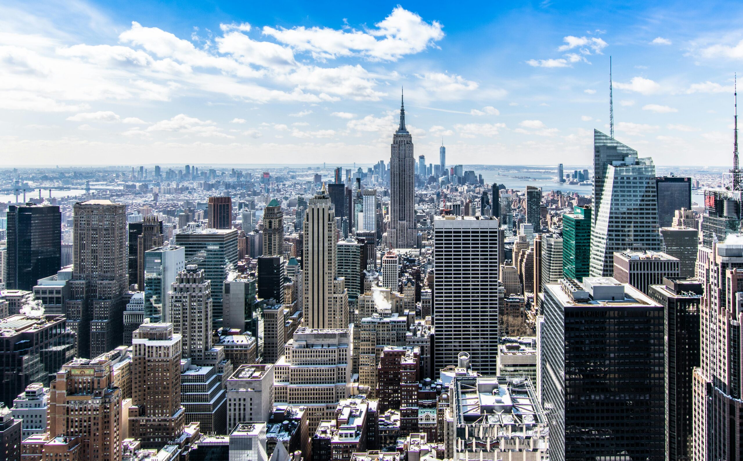 New York City's skyline from a helicopter or drone.