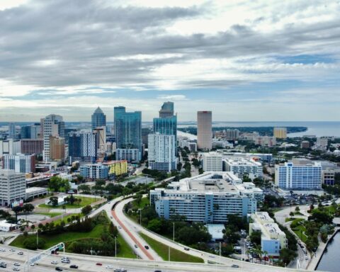 Tampa Bay, Florida's skyline from a distance and the air.